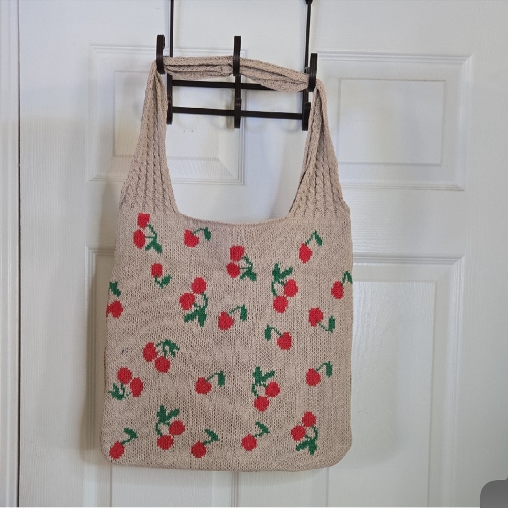 Beige Knit Crossbody Bag with Red Cherry Pattern